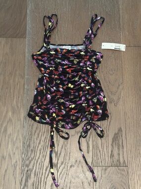 No Boundaries Double Ruched Tank Top with Colorful Butterfly Print NWT
